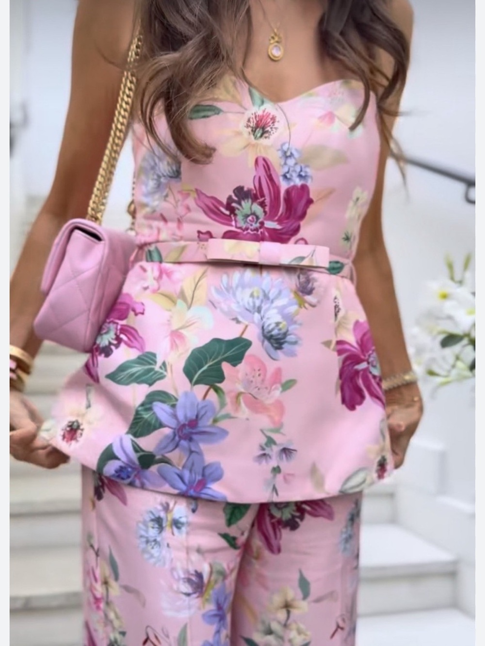 Zara Pink Floral Strapless Peplum Top